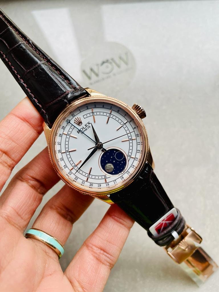 2-16 Rolex Cellini Moonphase 50535 RG White Dial on Leather Strap Asia 3195 Mod - Image 1